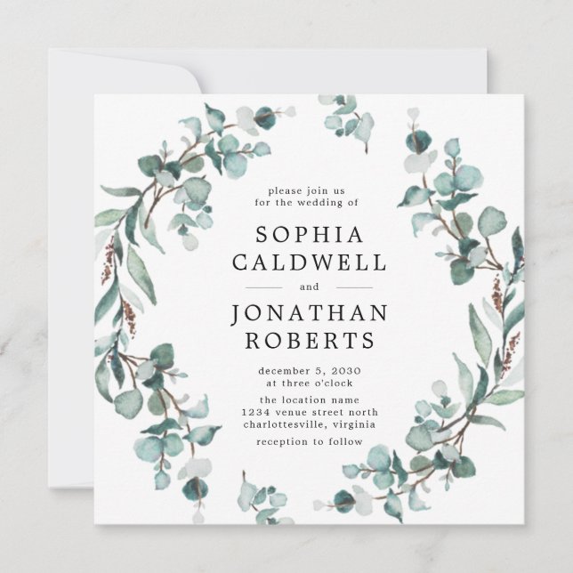 Convites Todos em um Código QR Casamento Eucalyptus Greener (Frente)