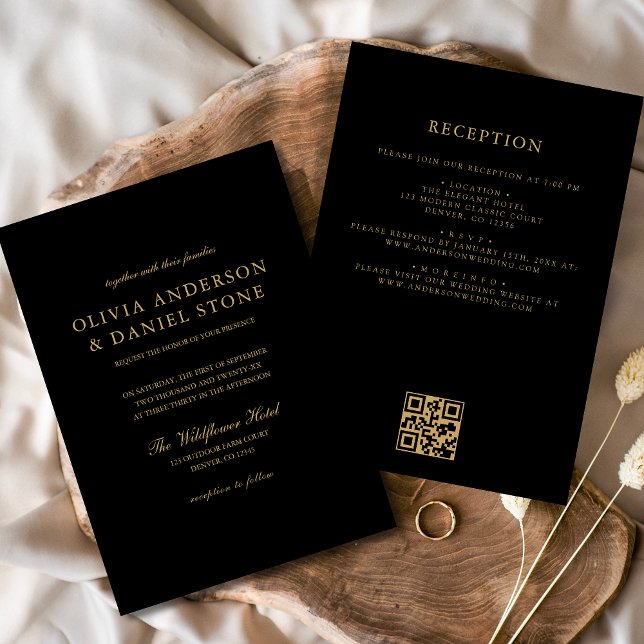 Convites Todos em Um Código QR de Casamento Dourado Preto C (Criador carregado)