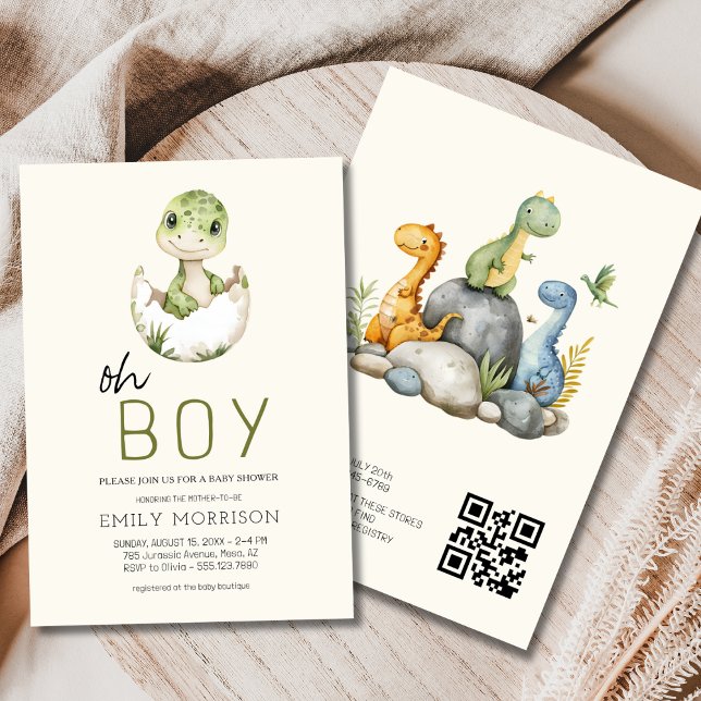 Convites Todos em Um Código QR Dinossaur Baby Boy Chá (Criador carregado)