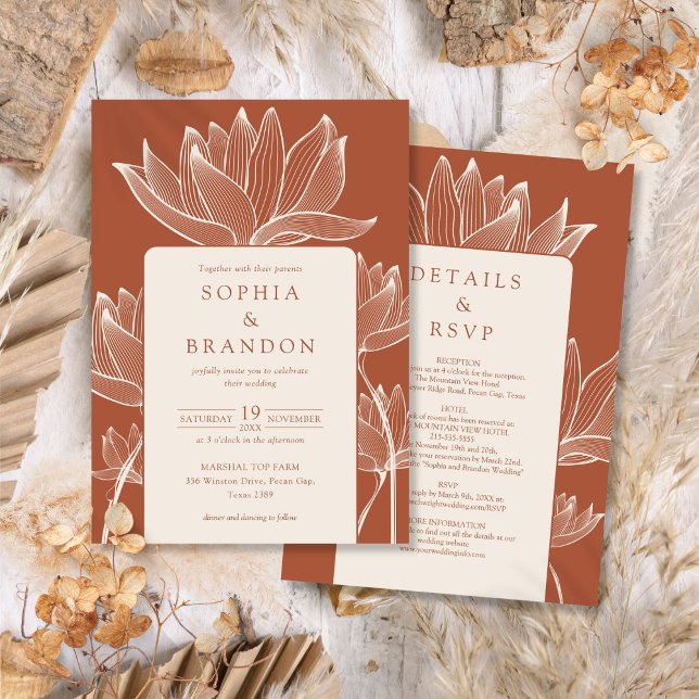 Convites Todos em um Moderno Floral Terracota Casamento (All In One Modern Floral Terracotta Wedding Invitation)
