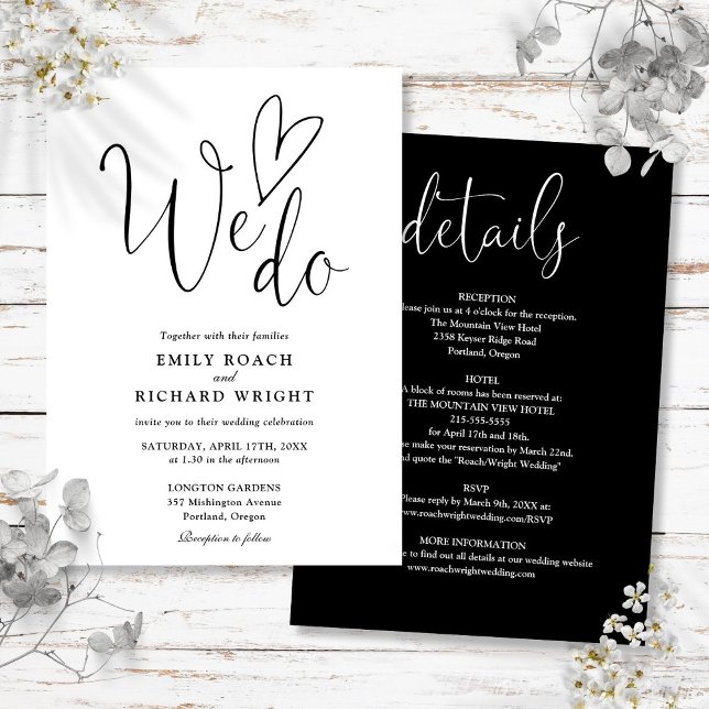 Convites Todos Em Um Nós Fazemos Casamento Preto E Branco D (All In One To We Do Heart Black And White Wedding Invitation)