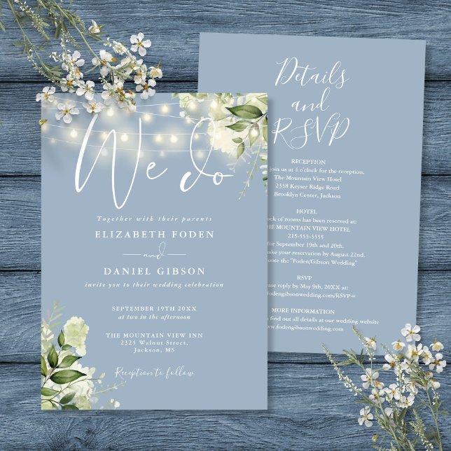 Convites Todos Em Um Nós Fazemos Luzes Florais Casamento Az (All In One We Do Floral Lights Dusty Blue Wedding Invitation)