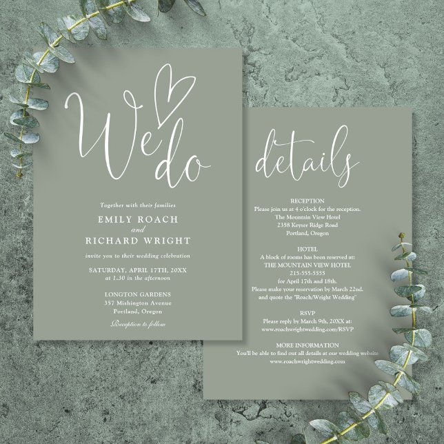 Convites Todos Em Um Para Fazermos Casamento Verde Do Sábio (All In One To We Do Heart Sage Green Wedding Invitation)