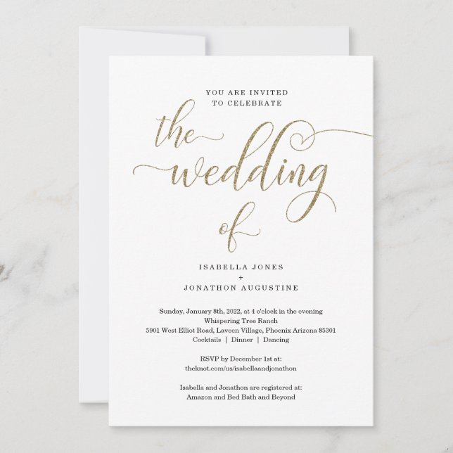 Convites Todos em um w- RSVP e Casamento Dourado com a Glit (Frente)