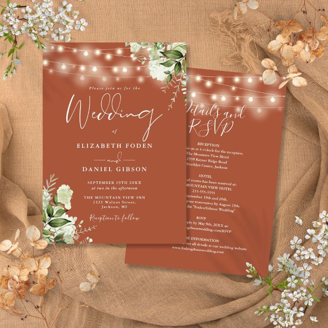 Convites Todos Em Uma Terracotta String Luzes Floral Casame (All In One Terracotta String Lights Floral Wedding Invitation)