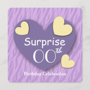 Convites Todos os anos SURPREE Aniversário Roxo Zebra Hear