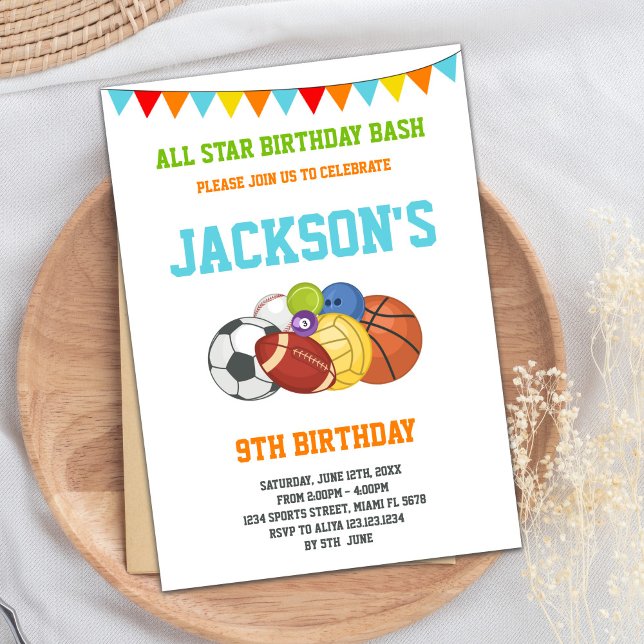 Convites Todos os Estrelas do Partido Esportivo Branco Conv (All Stars White Sports Party Birthday Invitations)