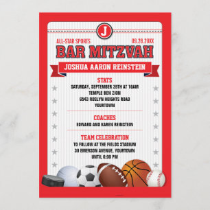 Convites Todos os Star Sports Red Trading Card Bar Mitzvah