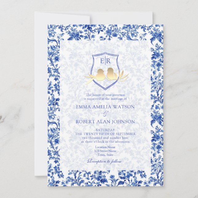 Convites Toile Azul Francesa com Crista Floral Casamento (Frente)