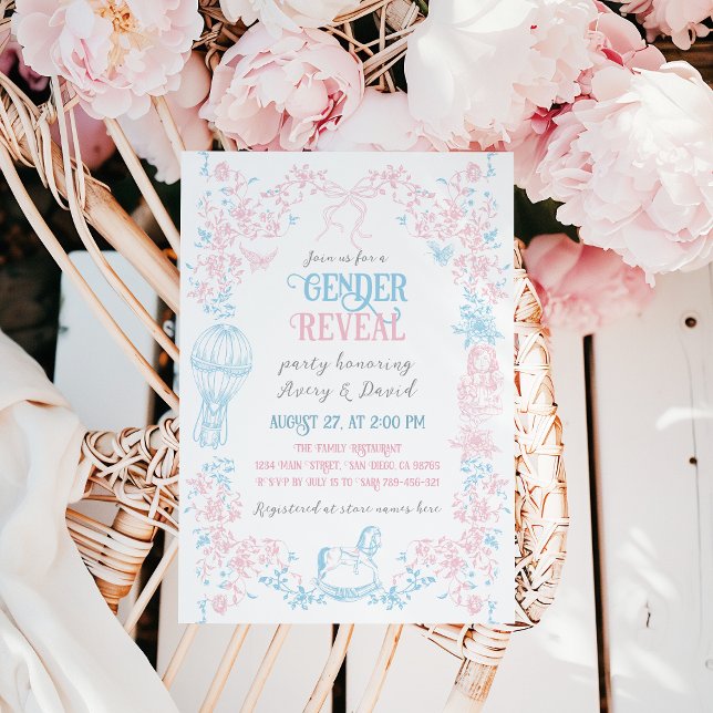 Convites Toile Blue Pink Toys Floral Gender Reveal (Criador carregado)