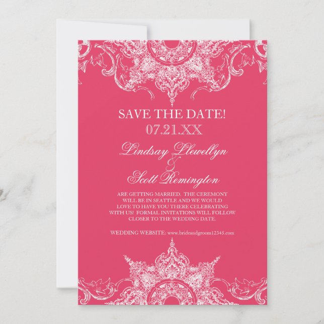 Convites Toile Damask Swirl Save the Dates Hot Pink (Frente)