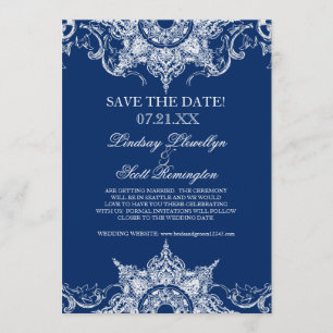 Convites Toile Damask Swirl Save the Dates Marinho Blue