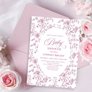 Convites Toile de Bebê com Rosas Clássicas Rosa e Branca