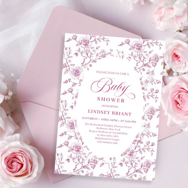 Convites Toile de Bebê com Rosas Clássicas Rosa e Branca  (Classic Pink and White Roses Toile Baby Shower Invitation)