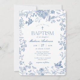 Convites Toile De Jouy Azul Floral Francês Batismo