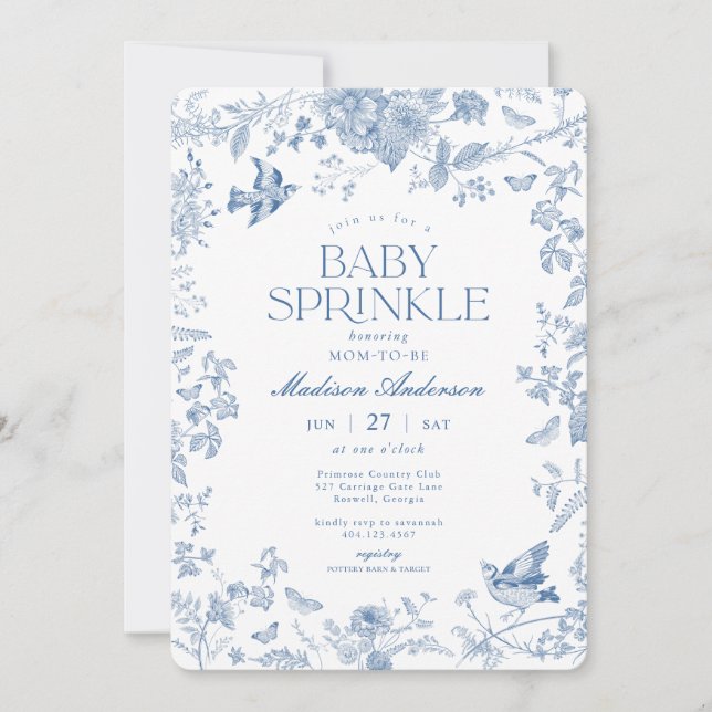 Convites Toile De Jouy Azul Floral Francês Chás de Bebê (Frente)