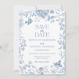 Convites Toile De Jouy Azul Floral Francês Salve a Data