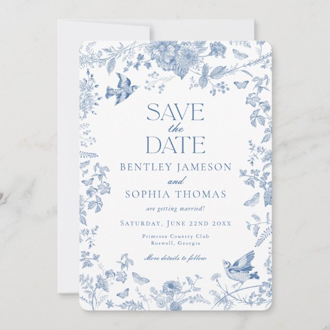 Convites Toile De Jouy Azul Floral Francês Save the Date (Frente)