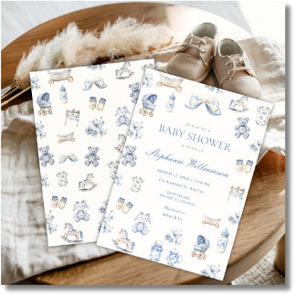 Convites Toile De Jouy Baby Shower Blue Bow Boy Invitation