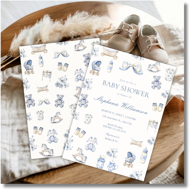 Convites Toile De Jouy Baby Shower Blue Bow Boy Invitation (Criador carregado)