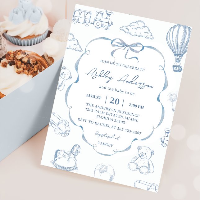 Convites Toile De Jouy Blue Bow Baby Shower Party (Criador carregado)