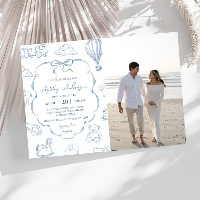 Convites Toile De Jouy Blue Bow Baby Shower Party Photo  (Criador carregado)