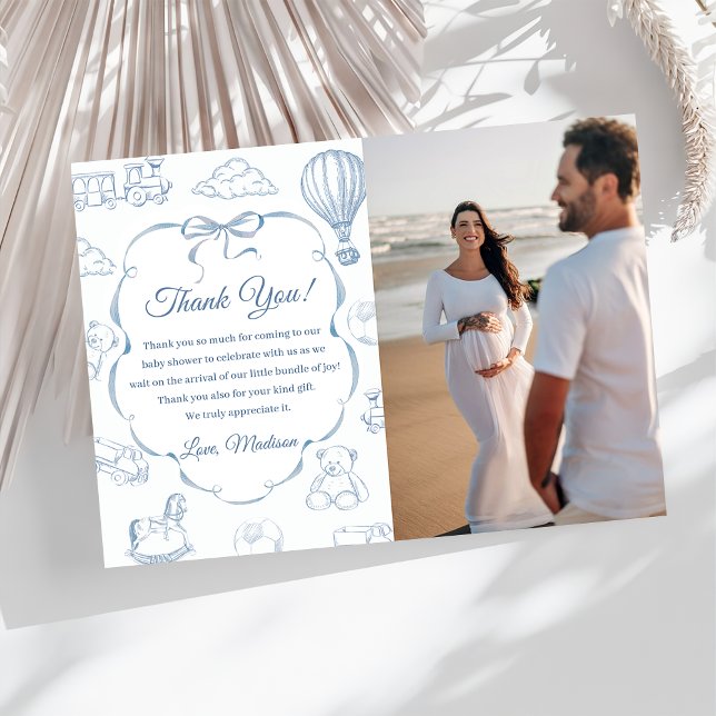 Convites Toile De Jouy Blue Bow Baby Shower Thank You Card  (Criador carregado)