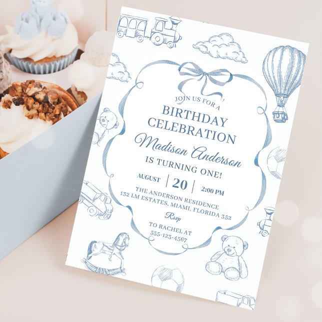Convites Toile De Jouy Blue Bow Birthday Party  (Criador carregado)