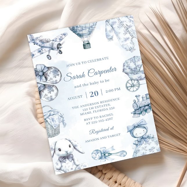 Convites Toile De Jouy Blue Boy Baby Shower Party (Criador carregado)