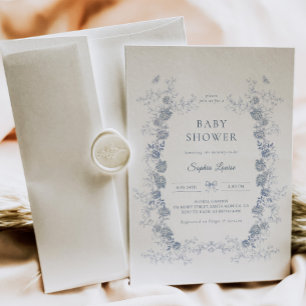 Convites Toile de Jouy Chá de fraldas Blue Chinoiserie Flor