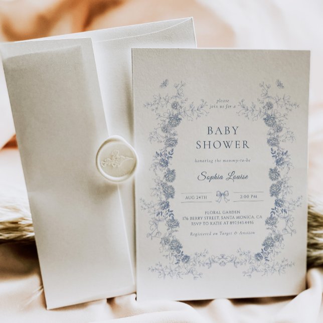 Convites Toile de Jouy Chá de fraldas Blue Chinoiserie Flor (Criador carregado)