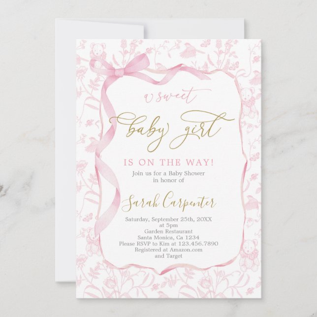 Convites Toile De Jouy Chá de fraldas com Arco Girl (Frente)