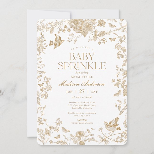 Convites Toile De Jouy Dourada Bebê Floral Francês Chá de B (Frente)