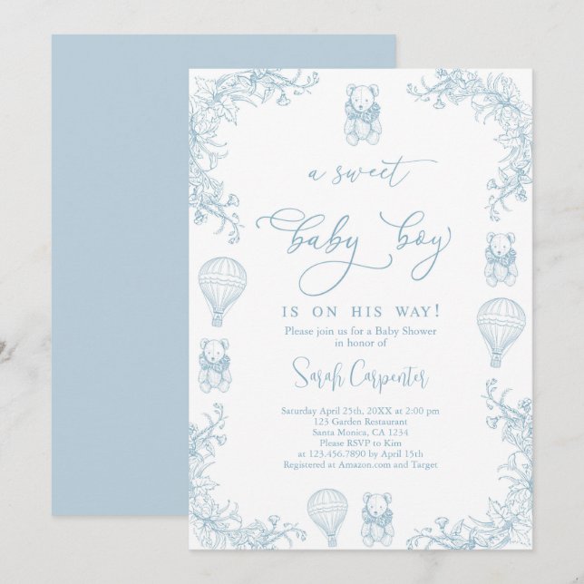 Convites Toile De Jouy Hot Air Balloon Boy (Frente/Verso)