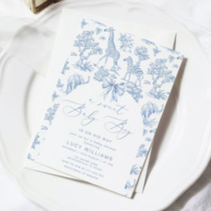 Convites Toile de Jouy Safari Doce Bebê menino chá de bebê