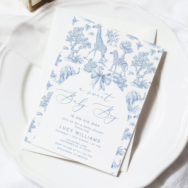 Convites Toile de Jouy Safari Doce Bebê menino chá de bebê (Criador carregado)