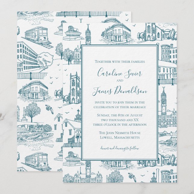 Convites Toile de Mill City (Lowell, MA) Azul/Branco (Frente/Verso)