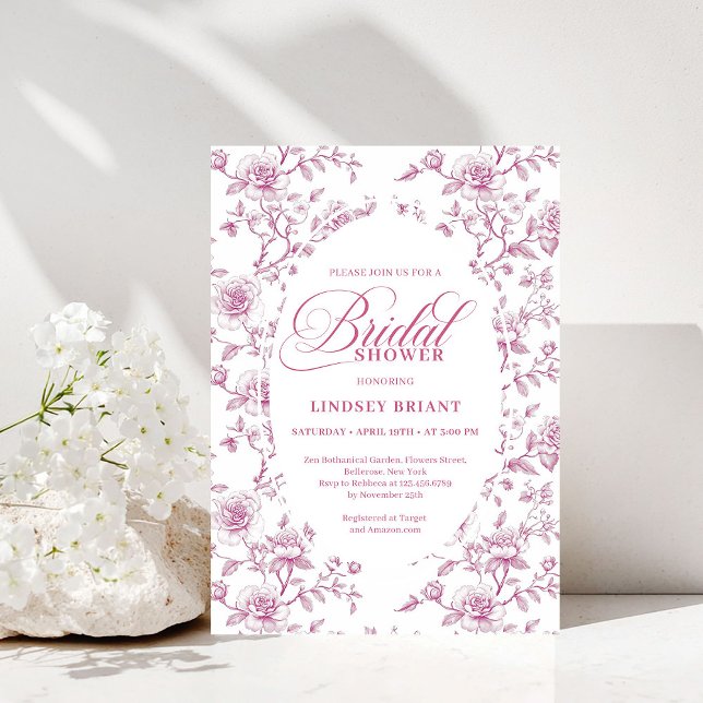 Convites Toile de Rosas Rosa e Branca Clássica para Chá de  (Classic Pink and White Roses Toile Bridal Shower Invite)