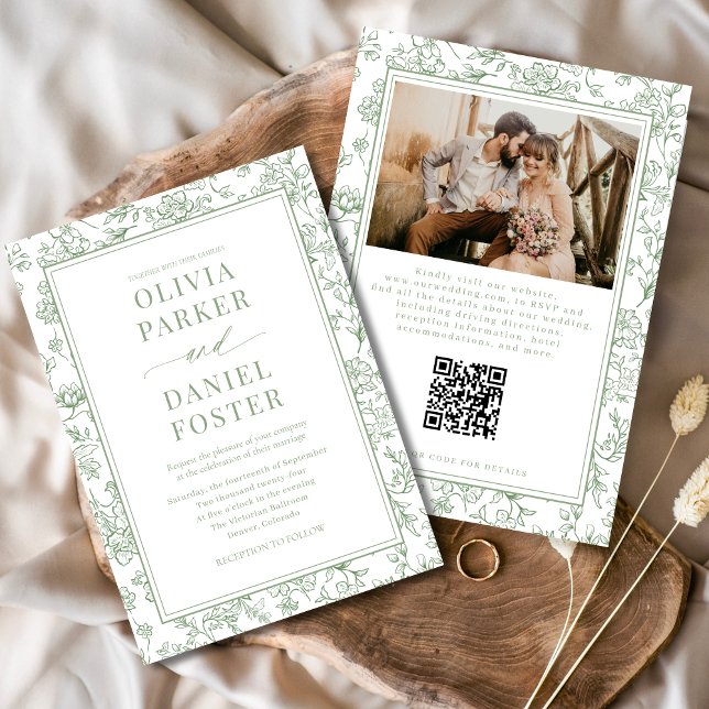 Convites Toile Floral Francês Verde Salvia Código QR (Criador carregado)
