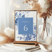 Toile French Blue Floral Table Number Sinal