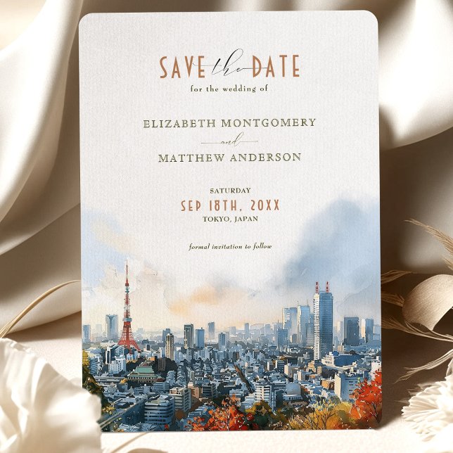 Convites Tokyo Watercolor Skyline Save-the-Date (Criador carregado)