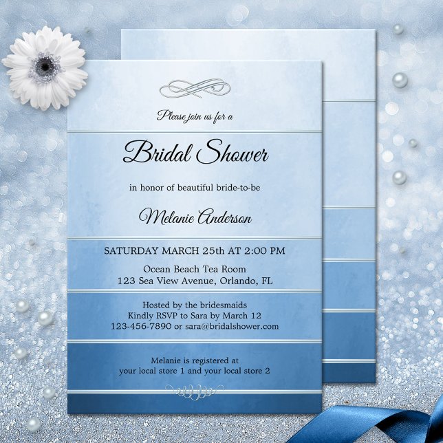 Convites Tom com risca azul-prateado no Chá de panela do To (Bridal shower invitation featuring a blue striped tone on ton painted design with a silver lining)