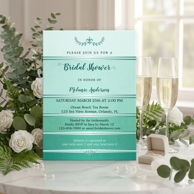 Convites Tom verde-pino riscado no Chá de panela do Tom (Bridal shower invitation featuring a pine green striped tone on tone design with a silver lining)