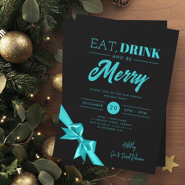 Convites Tome Moderna Xmas Turquesa Fita Preta (Modern Eat Drink Xmas Turquoise Ribbon Black Invitation)