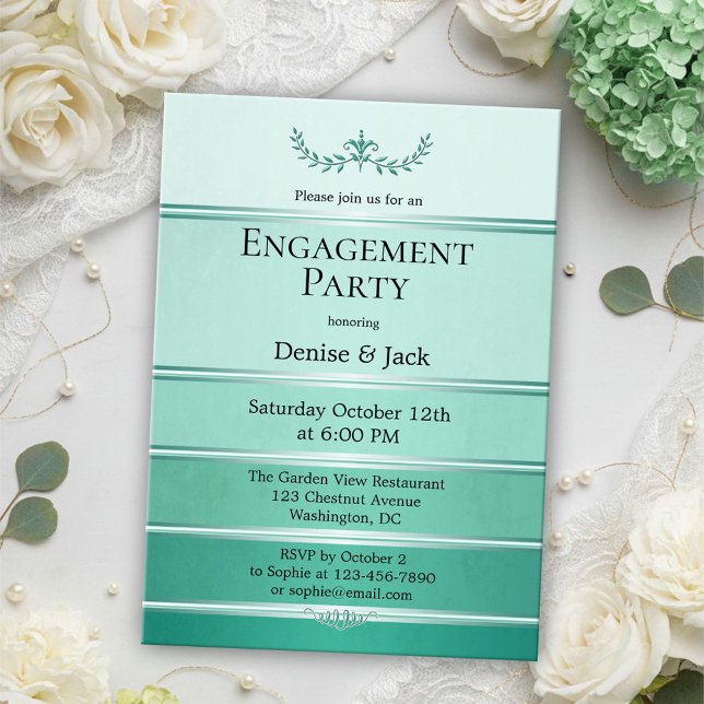Convites Ton Verde Silver sur Ton Festa de noivado Strike (Engagement party invitation featuring painted green tone on tone stripes with a silver lining)