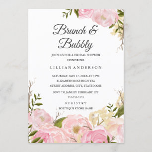 Convites Tonalidade Rosa Aquarela Floral Brunch E Bolhas