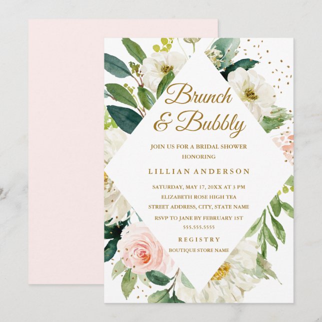 Convites Tonalidade Rosa Floral Dourada Brunch E Bubbly (Frente/Verso)