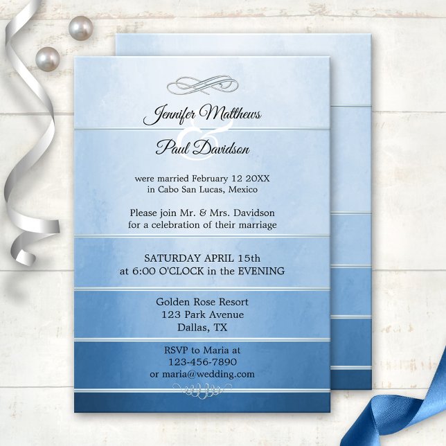 Convites Tone Azul Prateado no Casamento Poste com Strike T (After wedding invitation featuring a ton sur ton blue striped painted design with a silver lining)