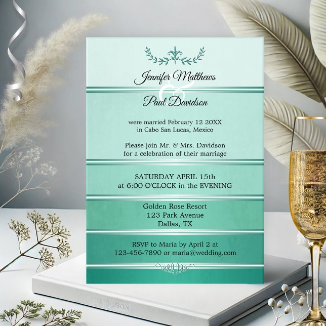 Convites Tone Verde Prateado no Casamento Poste com Tone St (After wedding or elopement invitation featuring a tone on tone green with silver stripe)