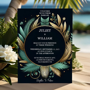 Convites Tone Wreath Palm Tree Beach Green E Dourado Casame